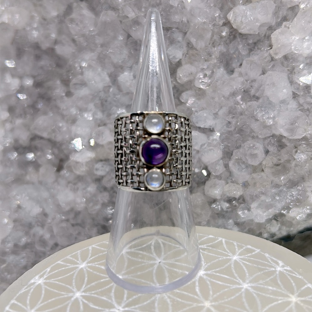 Vintage Rainbow Moonstone and Amethyst Ring 925